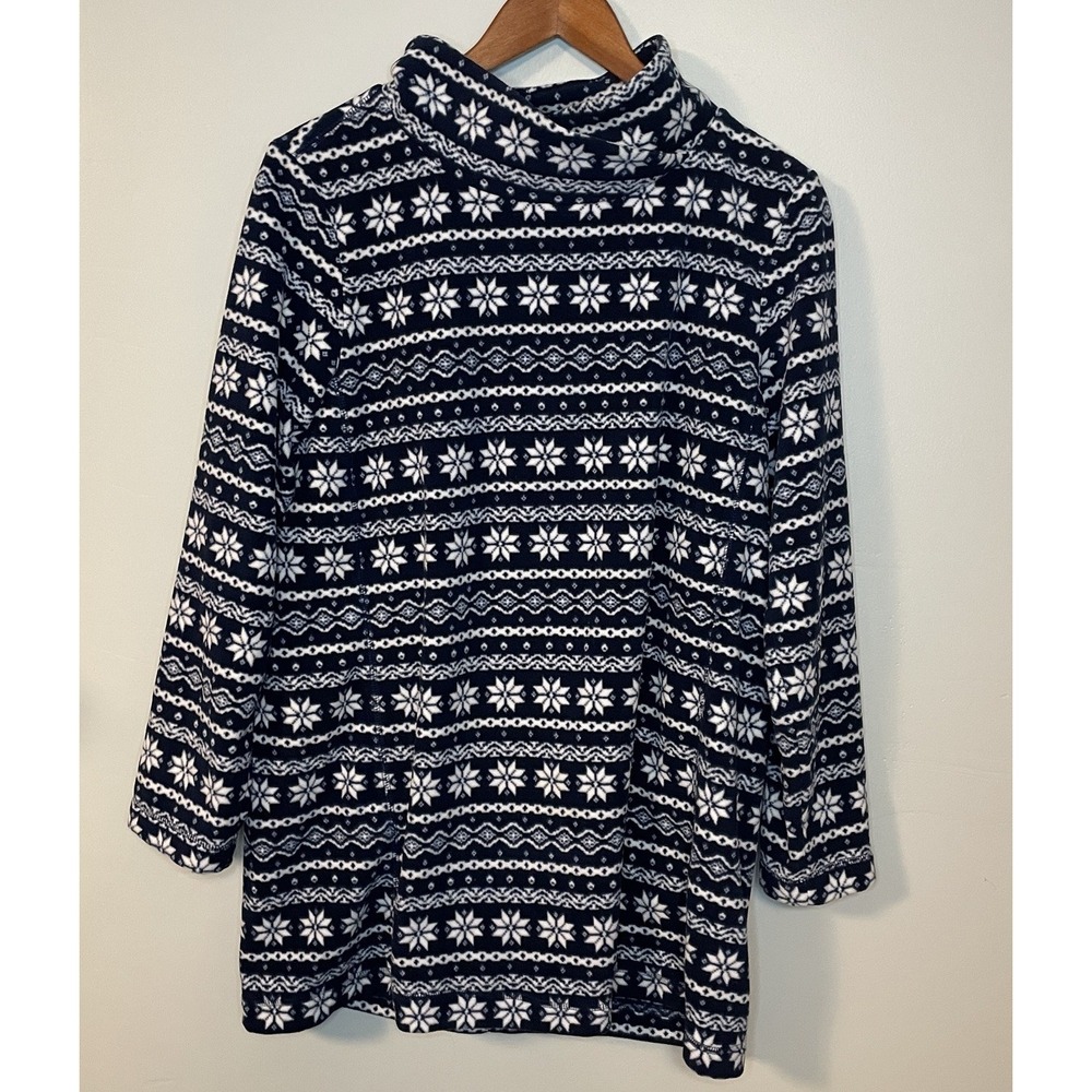 Lands' End Fleece Turtleneck Womens MP Navy Blue Fleece Snowflake Print